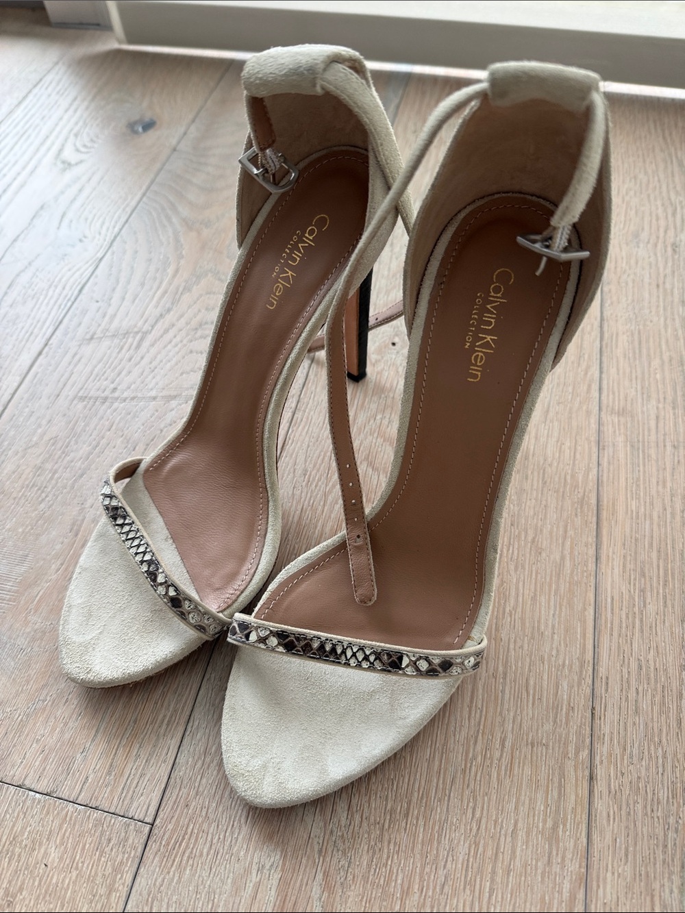 Calvin Klein Ivory Suede Ankle-Strap High Heels with snake trim